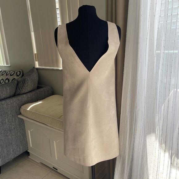 ZARA Basic S Beige Tan Faux Suede V-Neck Mini Jumper Shift Dress - Picture 2 of 7